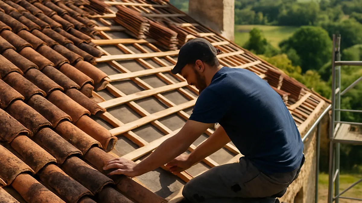 Artisan rénovant une toiture en Nouvelle-Aquitaine